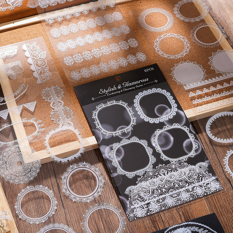Transparent Lace Waterproof PET Stickers – Retro Border Design, 4 Options - ViktaShop
