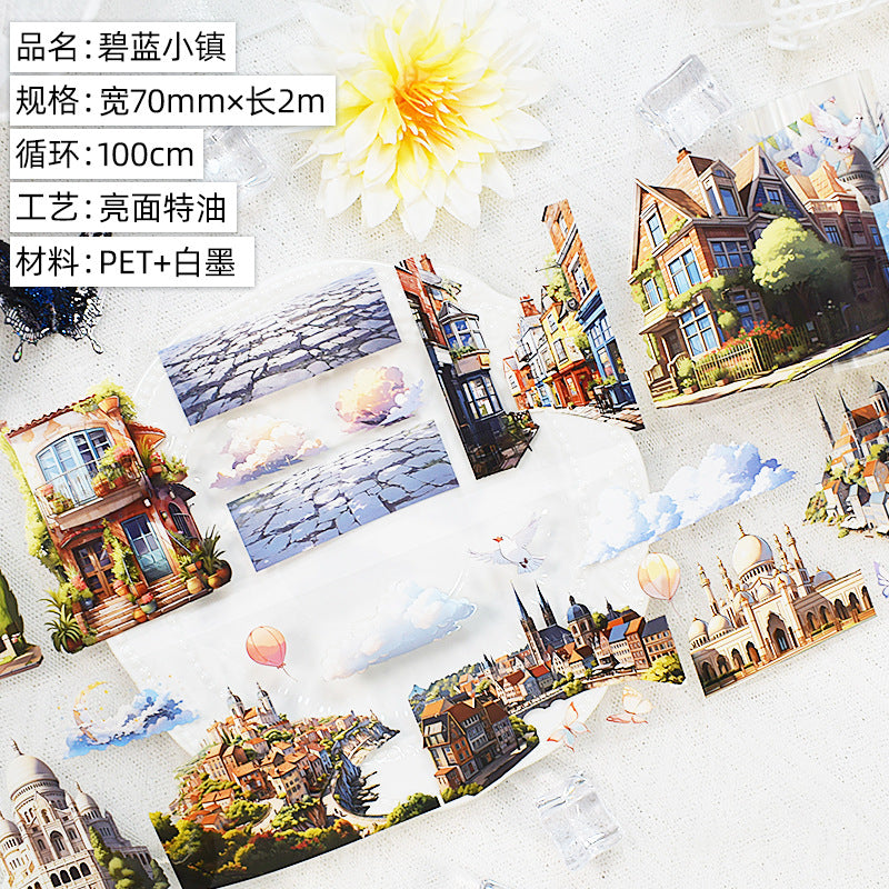 Cartoon Cute House Building Landscape Tape – Sticker Collage, 2m - ViktaShop