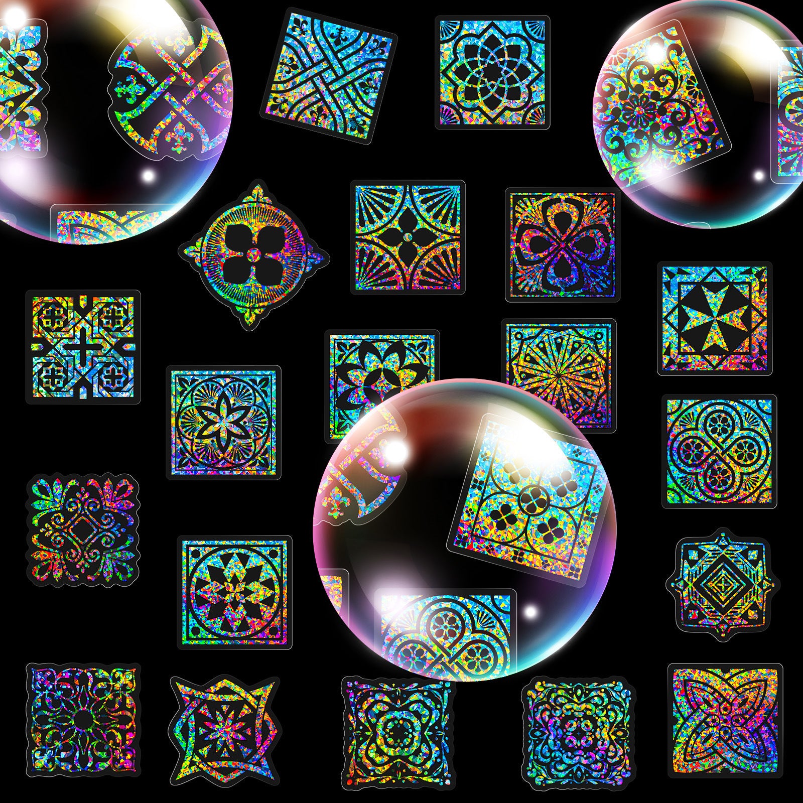 Transparent Laser PET Stickers – Wave, Rice Flower & Hemp Motifs, 50 Pcs - ViktaShop