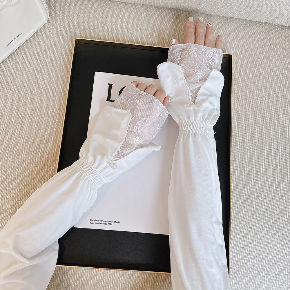 Summer Lace Pearl Bow Ice Silk Sleeve - ViktaShop