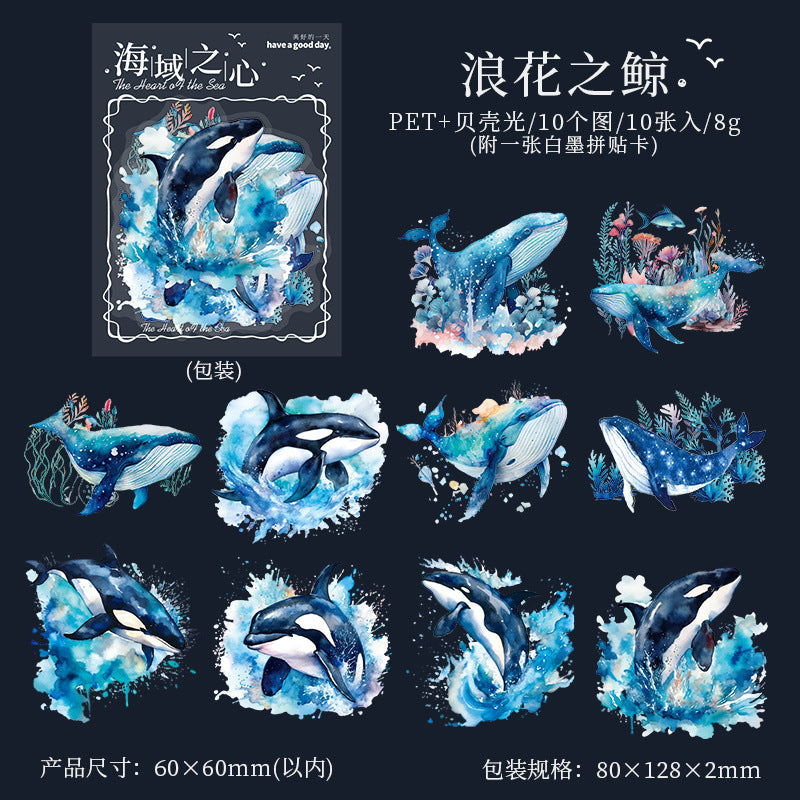 Sea Heart Series PET Stickers, Ocean Theme, 10 Pcs - ViktaShop