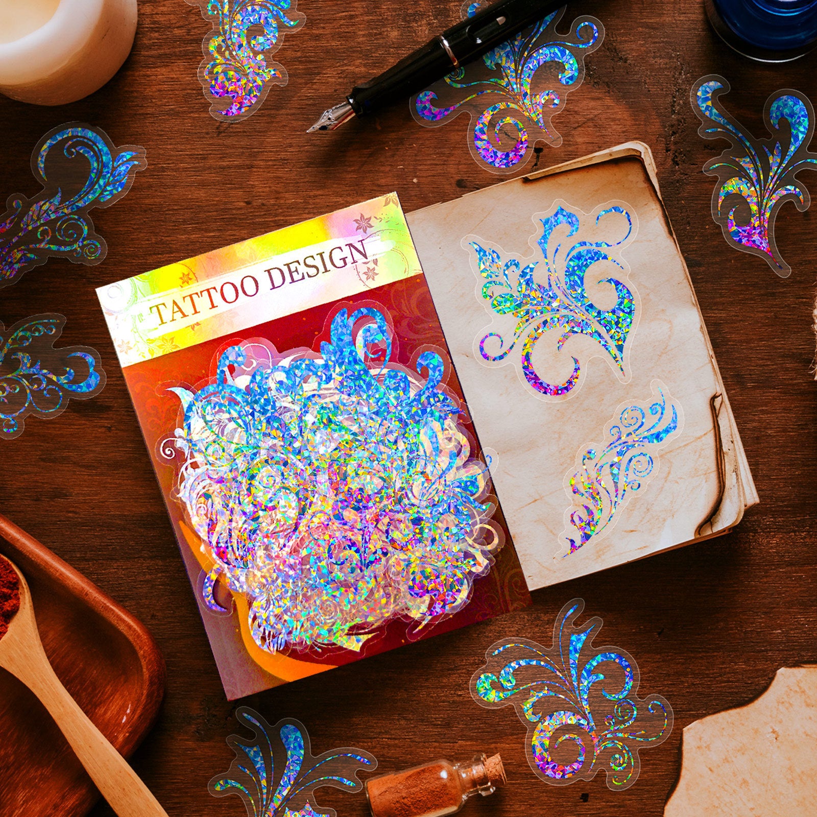 Transparent Laser Tattoo Stickers – Antique Series PET Holographic, 50 Pcs - ViktaShop