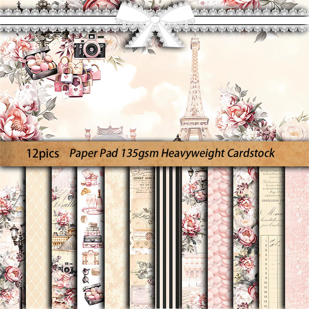 Paris Background Paper - Retro Collage Series, 12 Sheets - ViktaShop