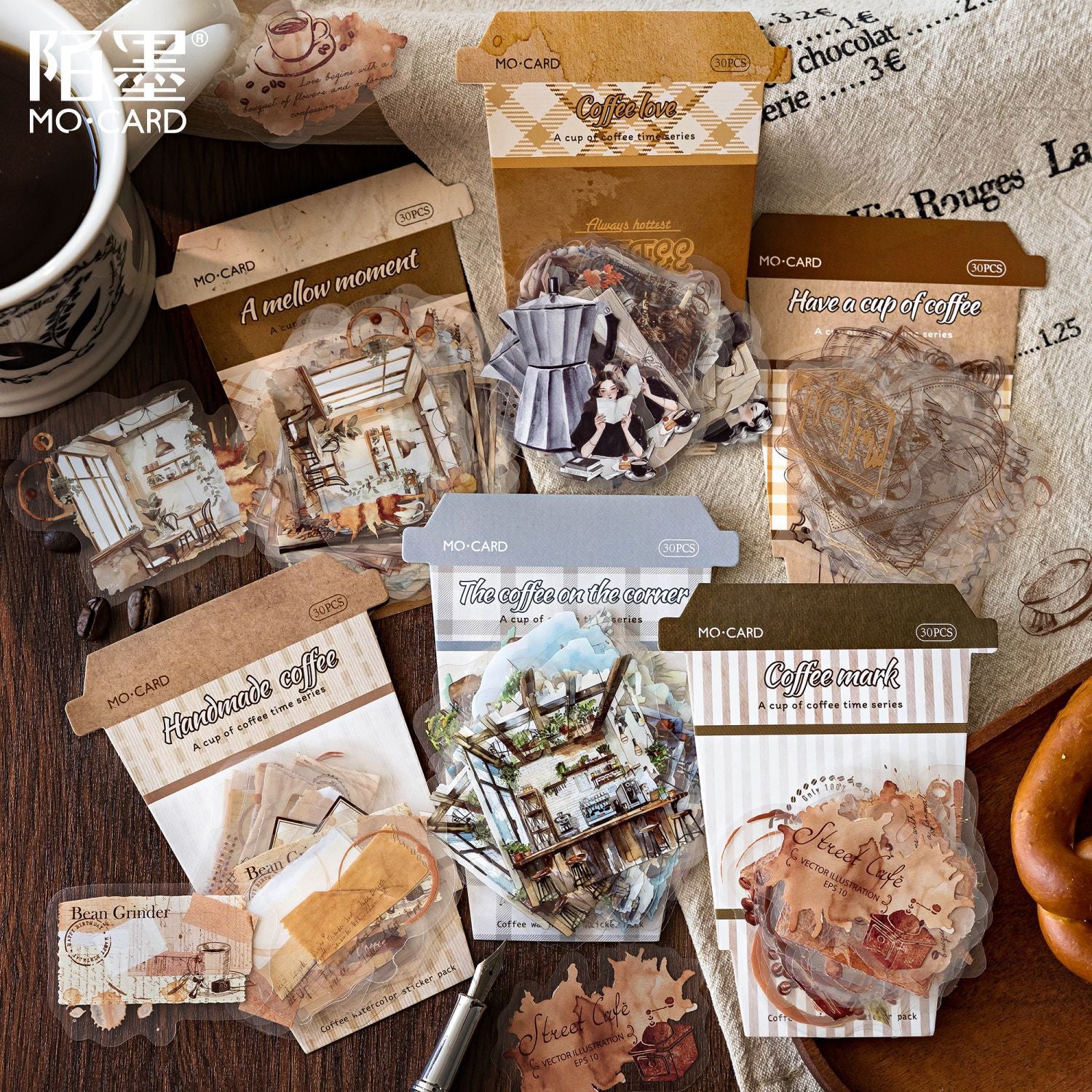 A Cup of Coffee Time Series PET White Ink Sticker Pack, 30 Pcs - ViktaShop