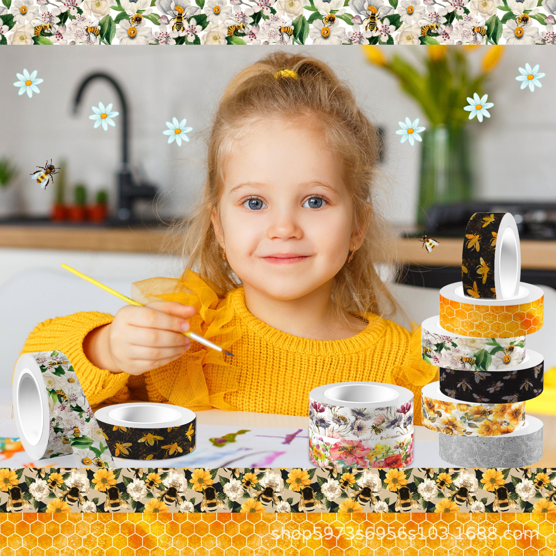 Spring Bee & Flowers Washi Tape – Transparent Roll, 5m - ViktaShop