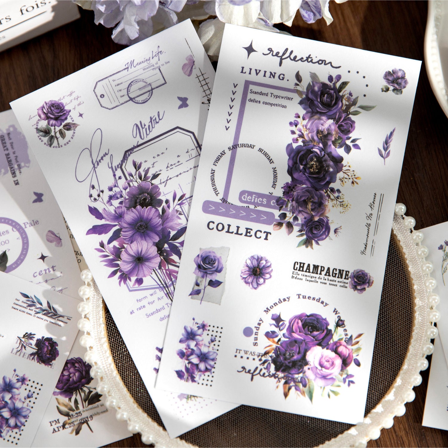 Sticker Pack - Flower Diary Series, Flowers and Border, 6 Pcs