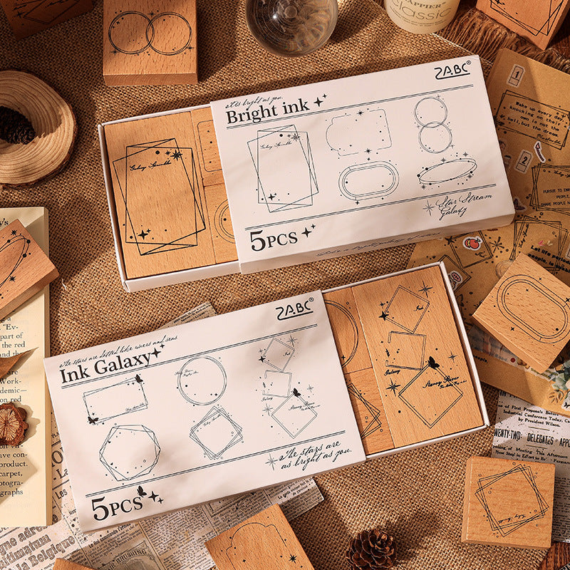 Retro Wooden Seal Set - Ink Mark & Decorative Borders, 2 Options - ViktaShop