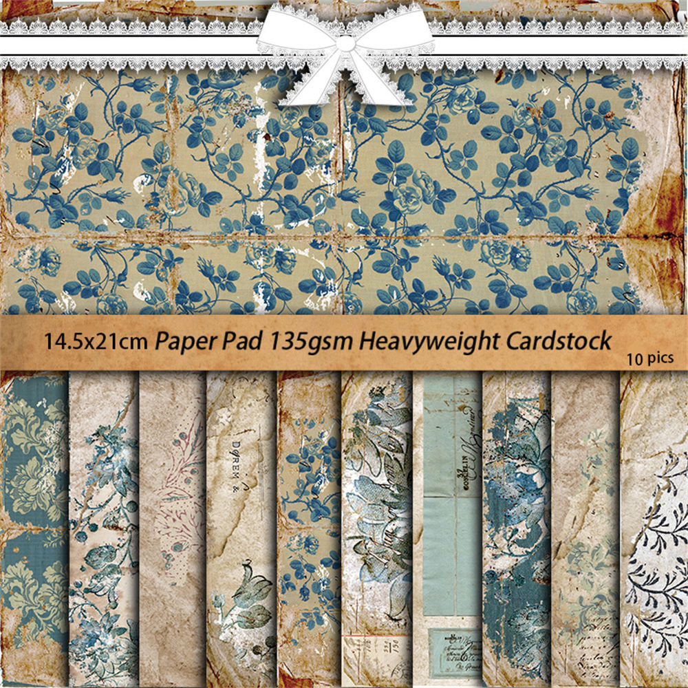Blue Floral Retro Collage Paper Pack – European & American Style, 10 Sheets - ViktaShop