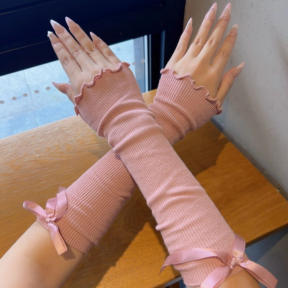 Korean Style Knitted Arm Sleeve, Bow Detail - ViktaShop