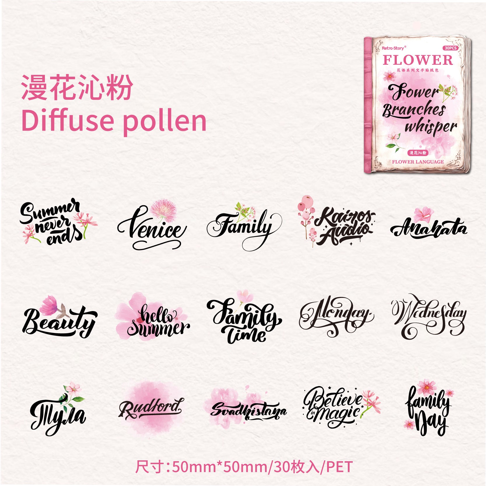 Flower Language Retro Text Stickers, 6 Options - ViktaShop