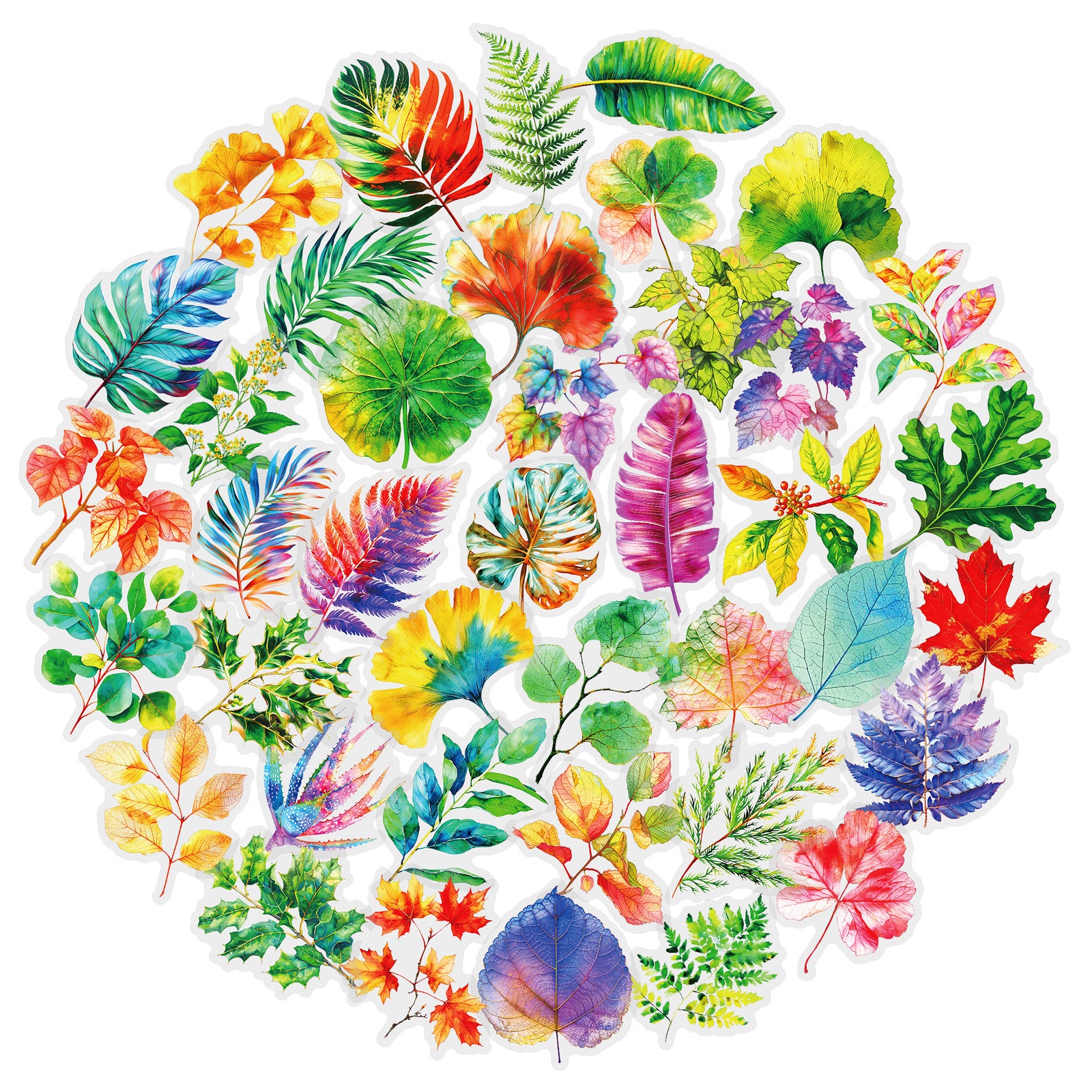Color Leaves PET Stickers – Simulated Plant Design, 50 Pcs - ViktaShop