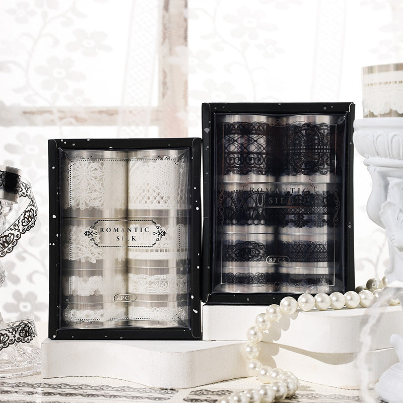 Romantic Silk – PET Tape, Black & White Lace Series, 2m - ViktaShop