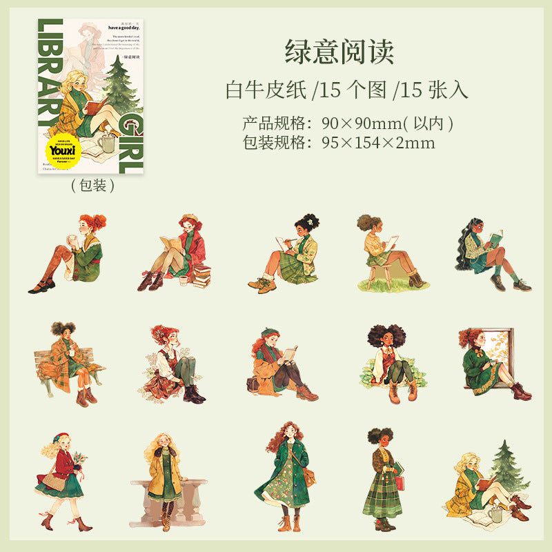 Library girl series paper stickers 15 psc