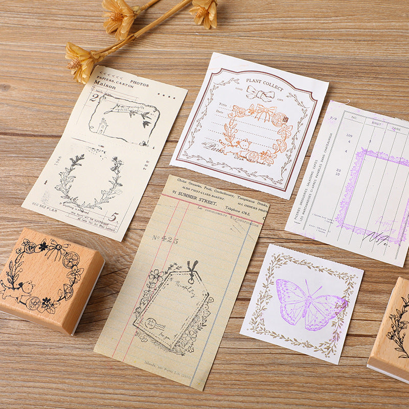 Light Retro Wooden Stamp – Butterfly, Cat & Wreath Motifs, 6 Options - ViktaShop