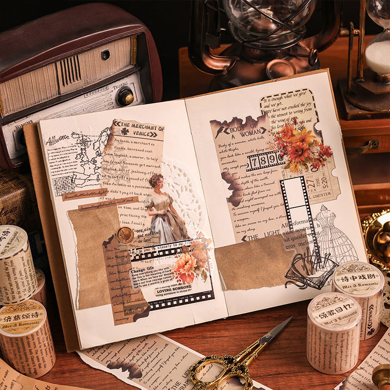 Cross-World Romantic English Text Tape - Retro Journal Sticker Roll, 3m - ViktaShop
