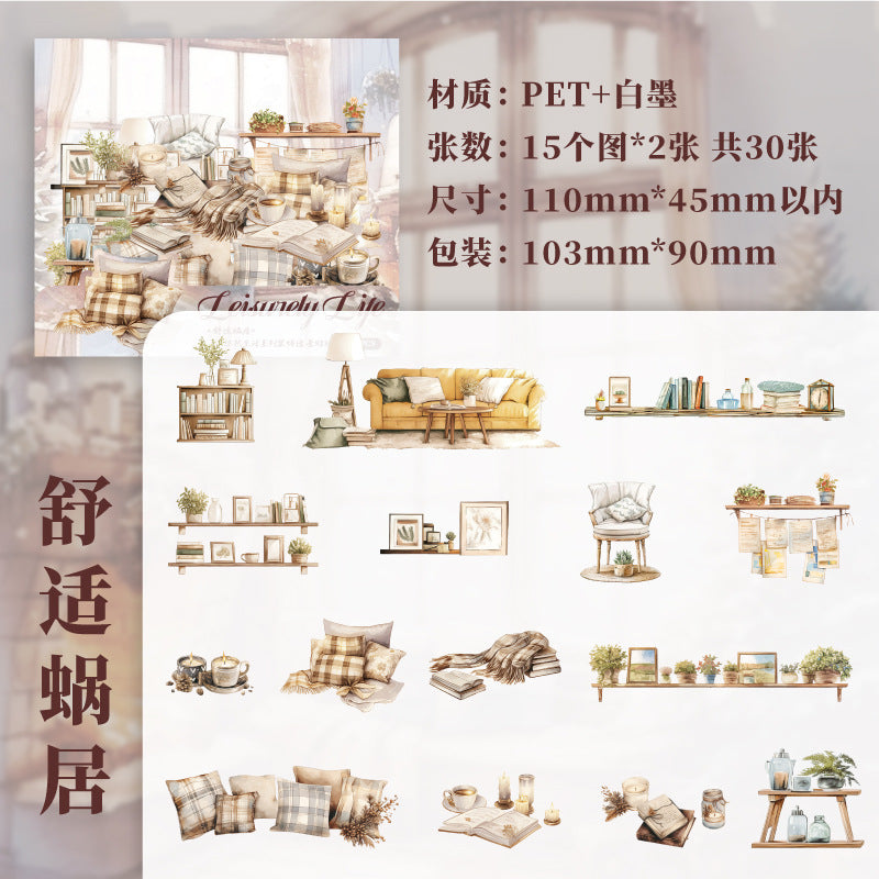 Paper PET Stickers - Leisurely Life Series, 30 Pcs - ViktaShop