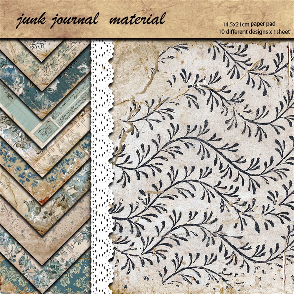 Blue Floral Retro Collage Paper Pack – European & American Style, 10 Sheets - ViktaShop