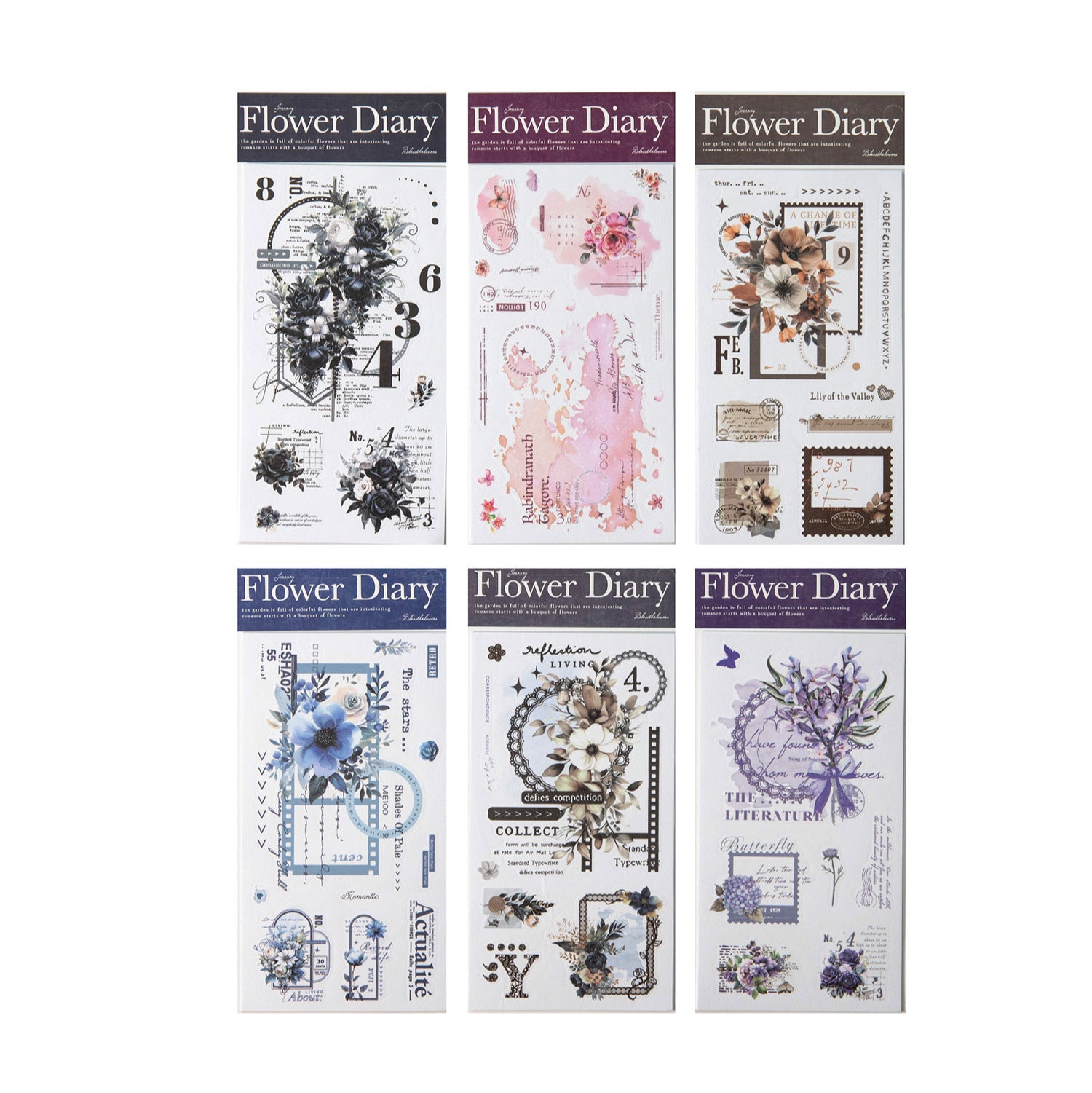 Sticker Pack - Flower Diary Series, Flowers and Border, 6 Pcs