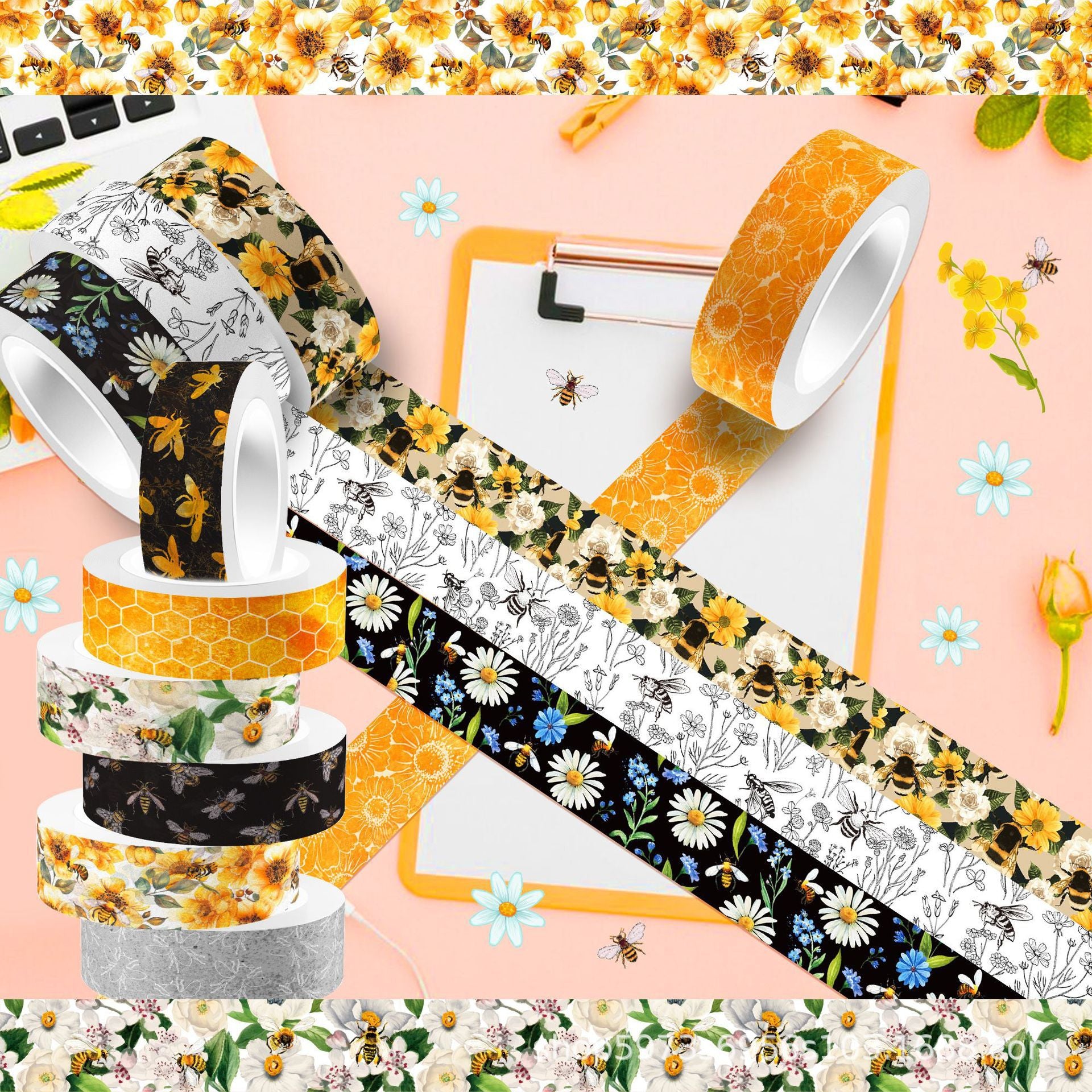 Spring Bee & Flowers Washi Tape – Transparent Roll, 5m - ViktaShop