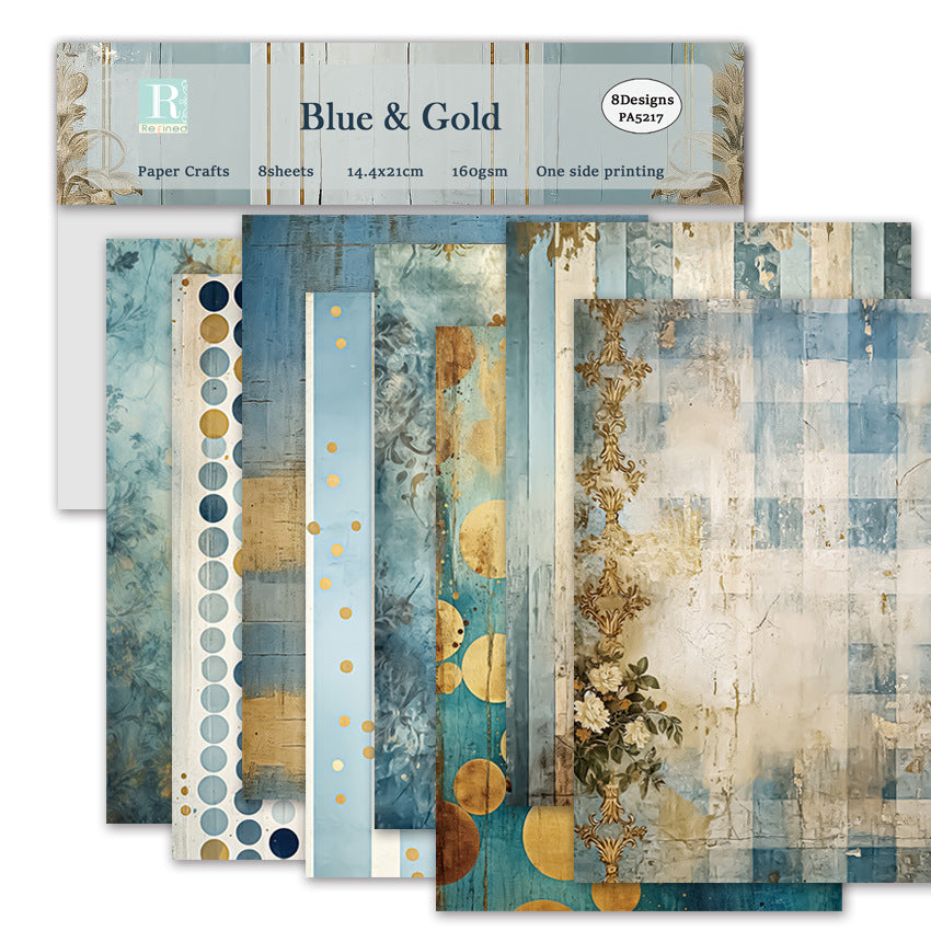 Blue & Gold DIY Album Scrapbook A5 Pattern Paper - 8 Sheets - ViktaShop