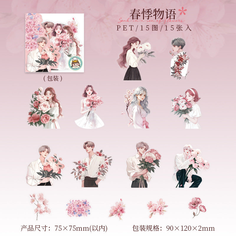 Original Floral Character Pet Stickers 6 Styles 15 psc