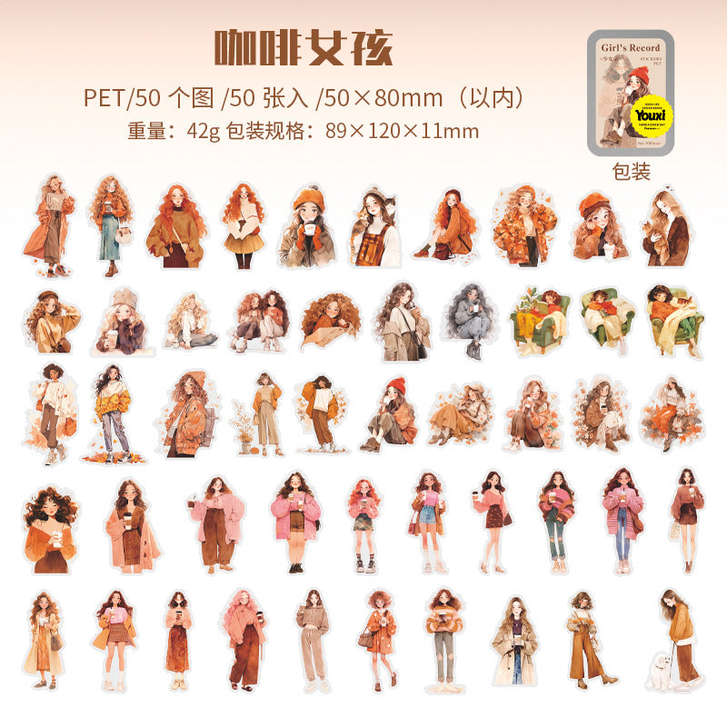 Coffee Girl Character Stickers – 4 Designs, 50 Pcs - ViktaShop