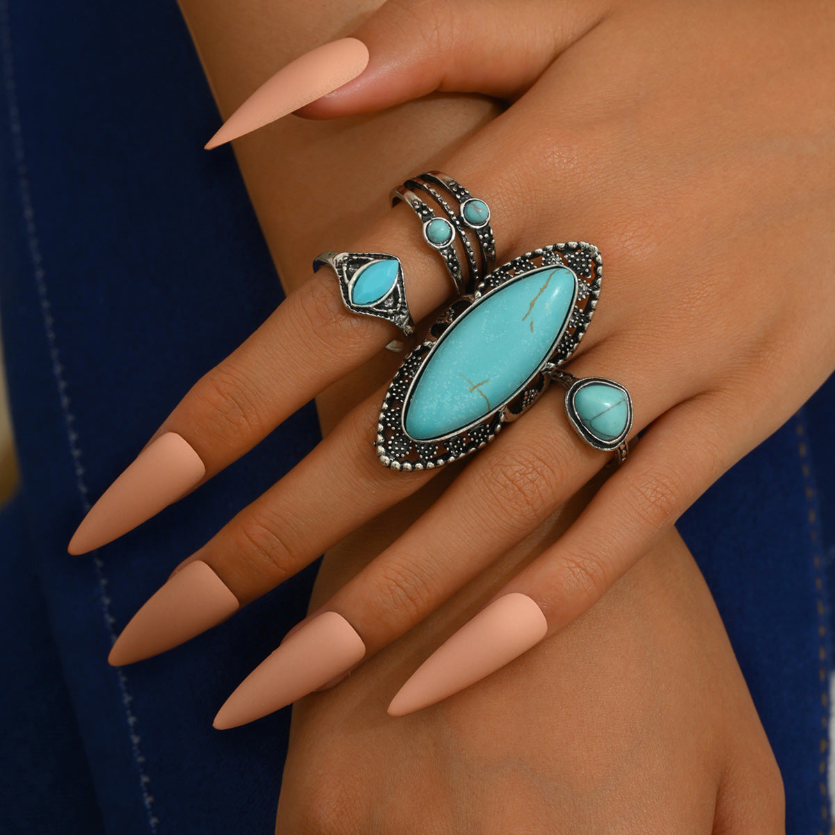 Retro Turquoise Inlay Open Ring – Ethnic Style - ViktaShop
