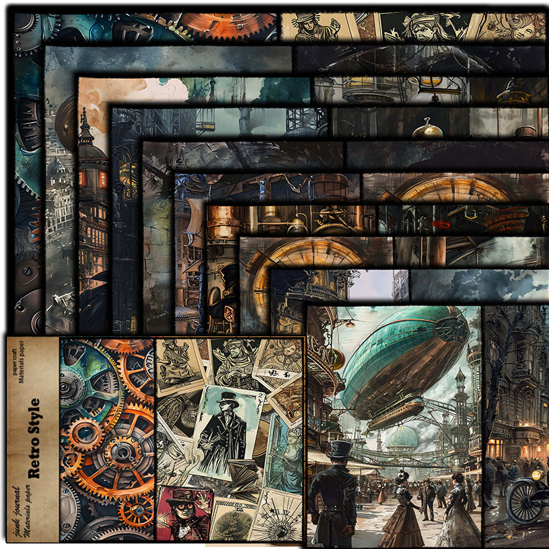 Industrial Revolution Mechanical Age Character Pattern Paper - Retro Style, 10 Sheets - ViktaShop