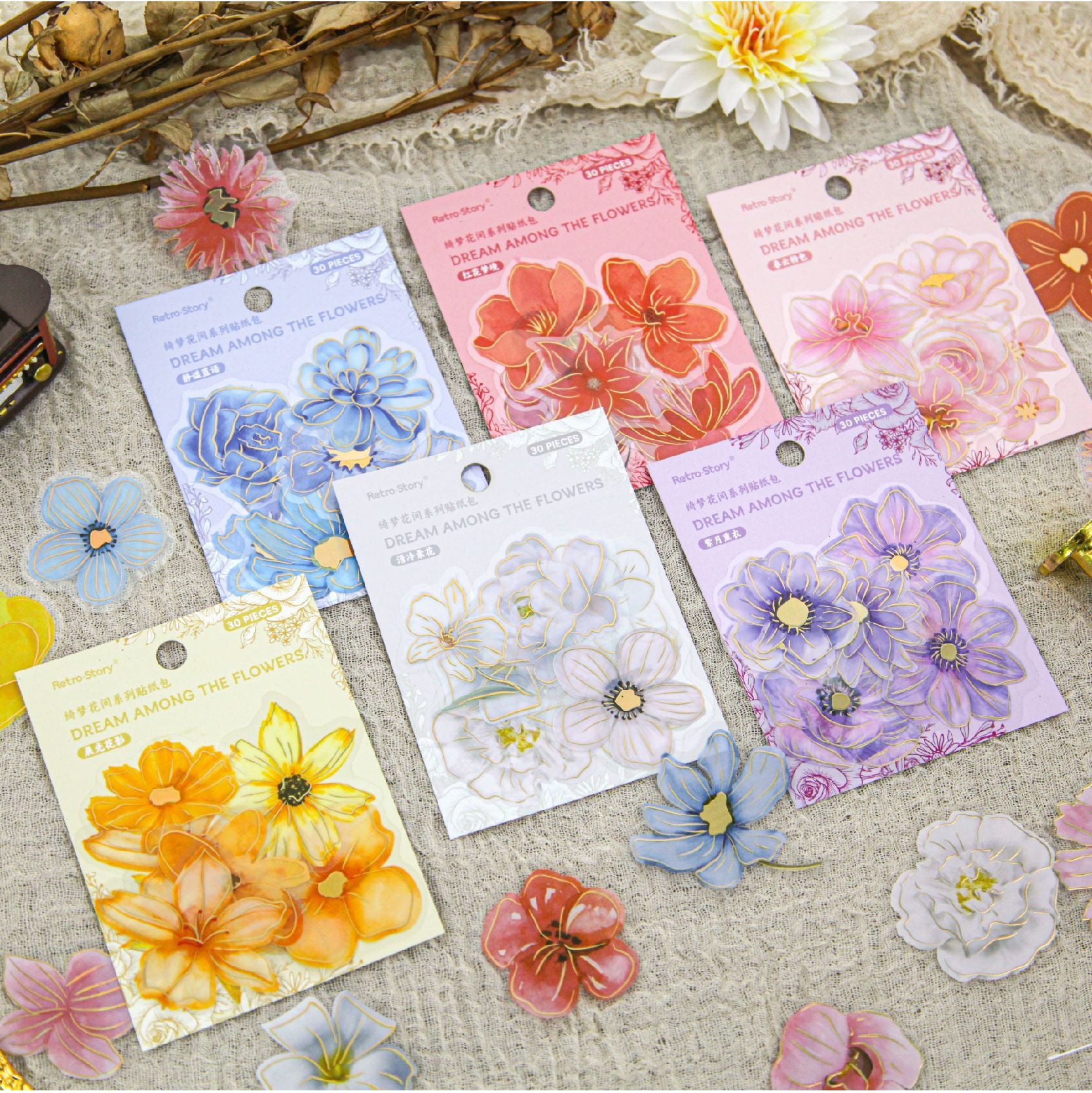 Flower Theme PET Sticker Pack – Dream in Blossom, 30 Pcs - ViktaShop