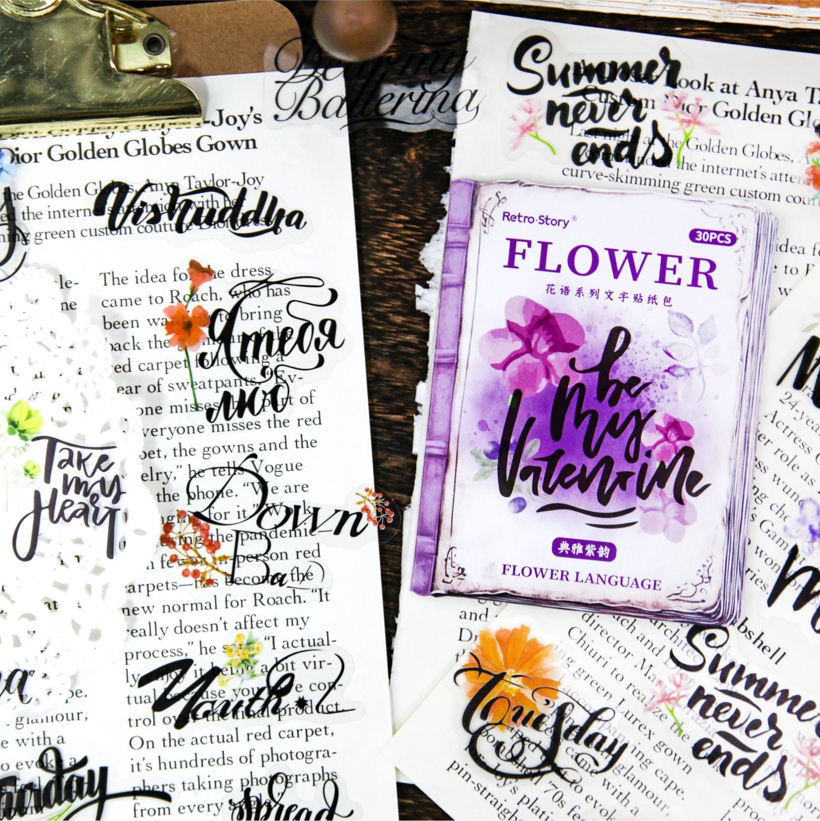 Flower Language Retro Text Stickers, 6 Options - ViktaShop