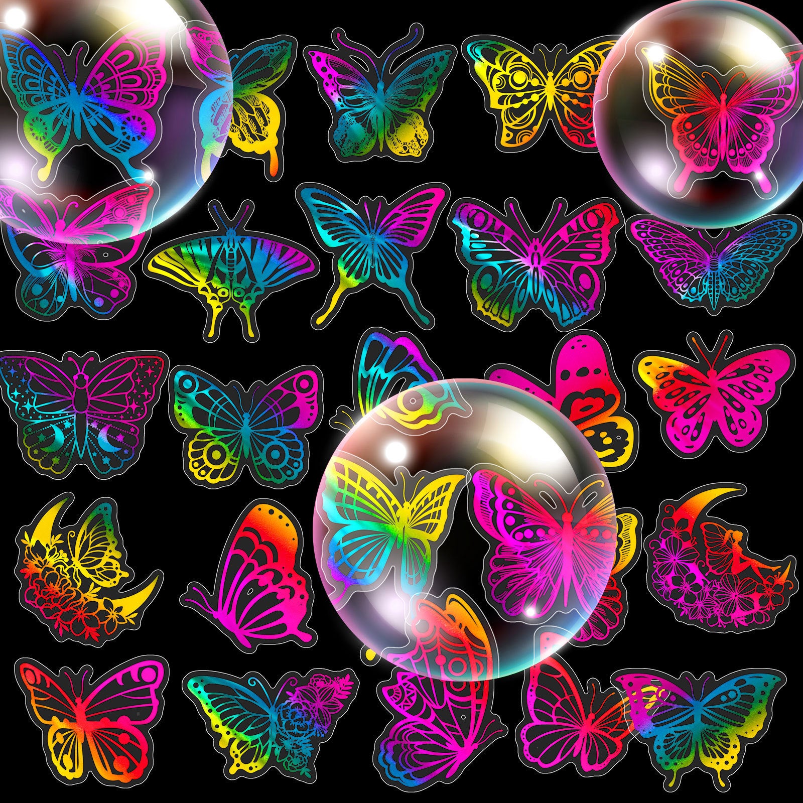 Gold Laser Butterfly Stickers – Dream Color Flash Series, 50 Pcs - ViktaShop