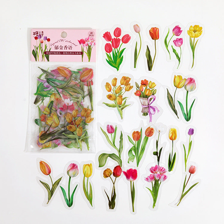 Flower PET Stickers – Floral Themed Stickers, 40 Pcs - ViktaShop