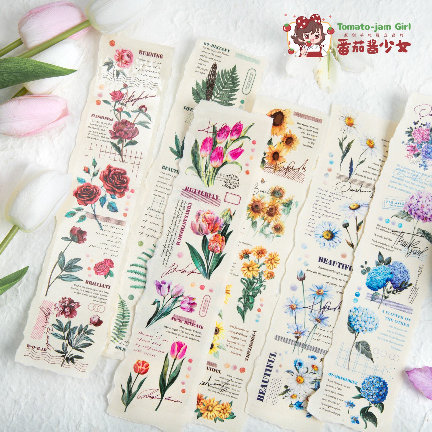 After Rain Flowers Series – PET Tape, English Plant Collage, 2m - ViktaShop