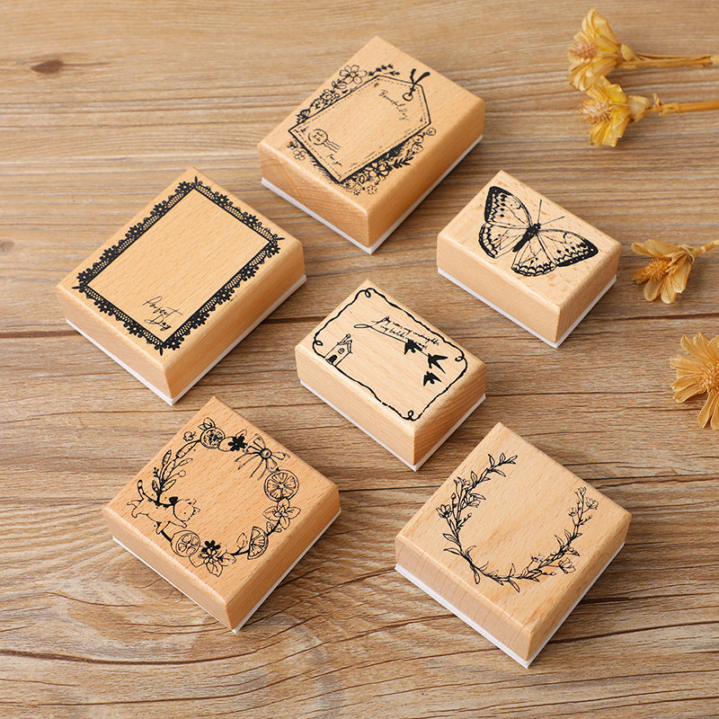 Light Retro Wooden Stamp – Butterfly, Cat & Wreath Motifs, 6 Options - ViktaShop