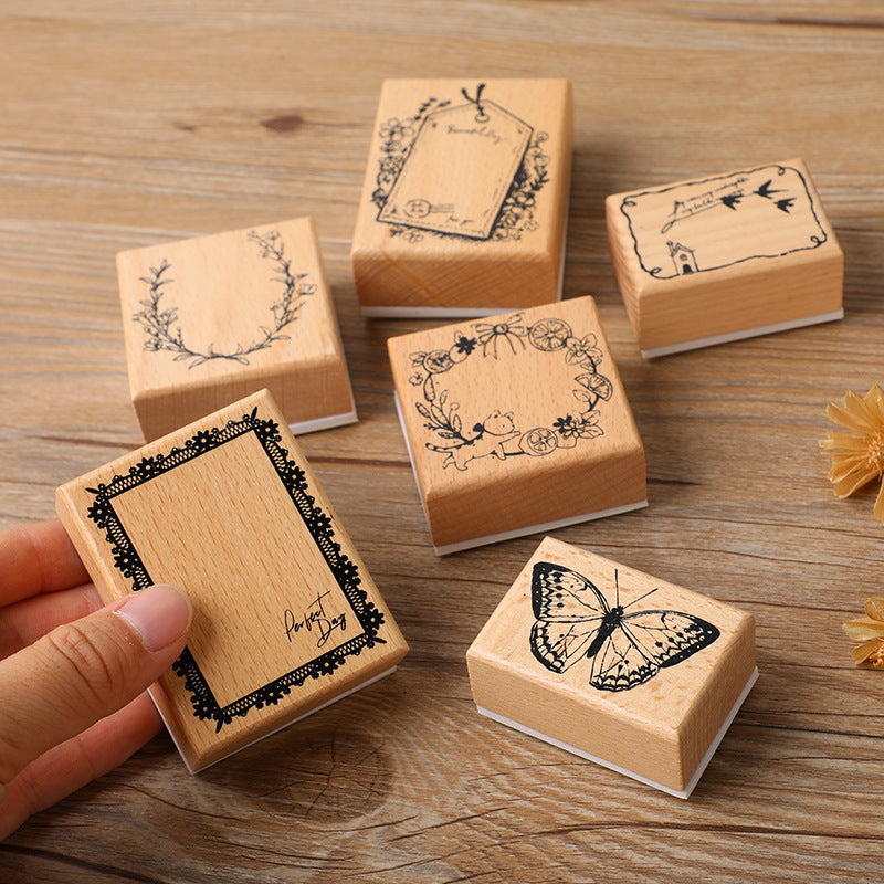 Light Retro Wooden Stamp – Butterfly, Cat & Wreath Motifs, 6 Options - ViktaShop