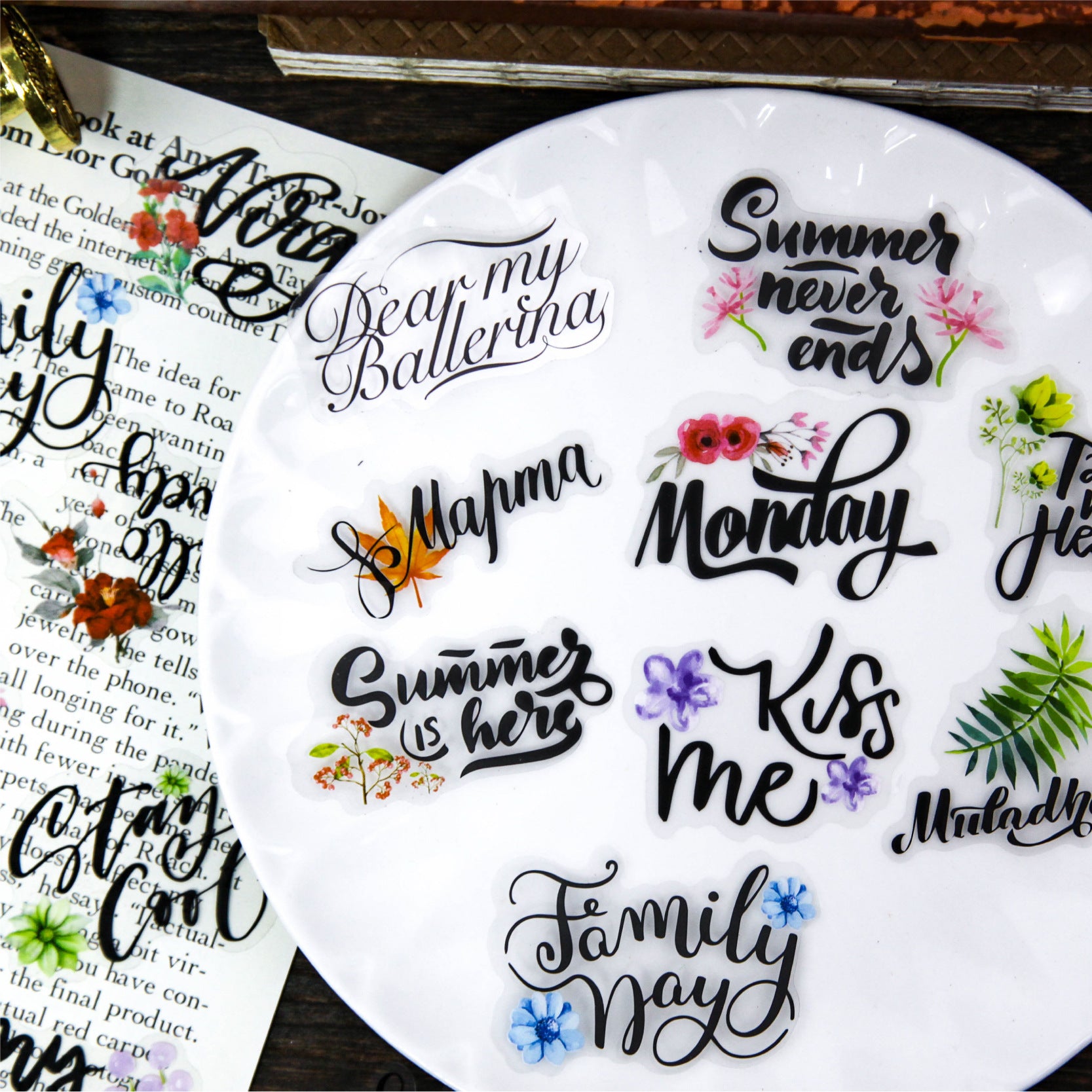 Flower Language Retro Text Stickers, 6 Options - ViktaShop