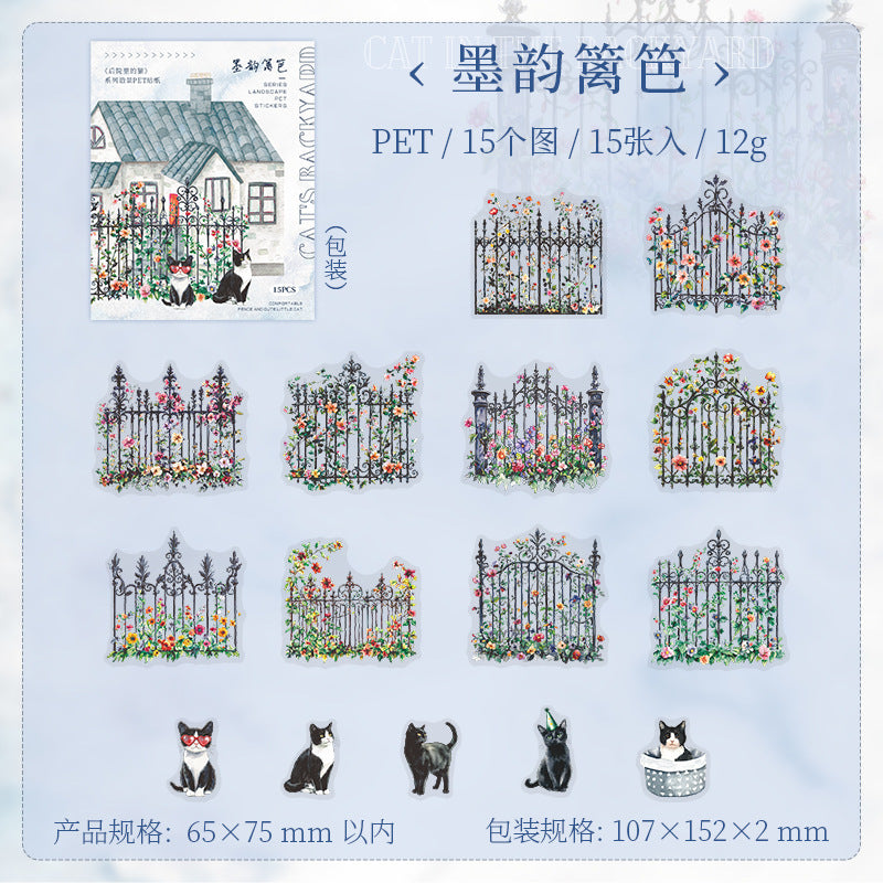 PET Sticker - Backyard Cat Series, Fence Cat, 15 Pcs - ViktaShop