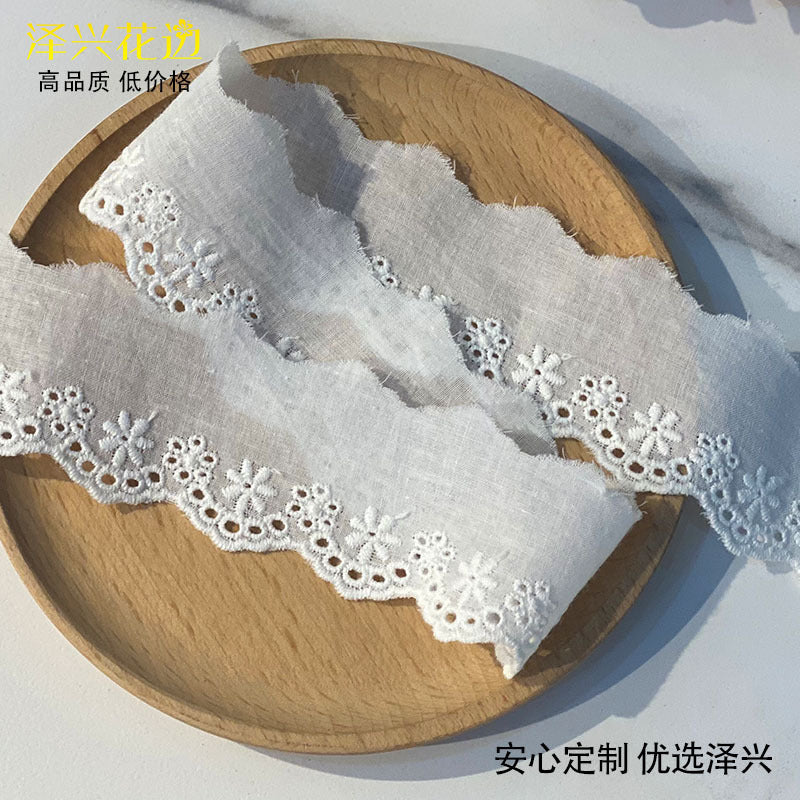 Rose Embroidered Cotton Lace Trim, Perforated Design - ViktaShop