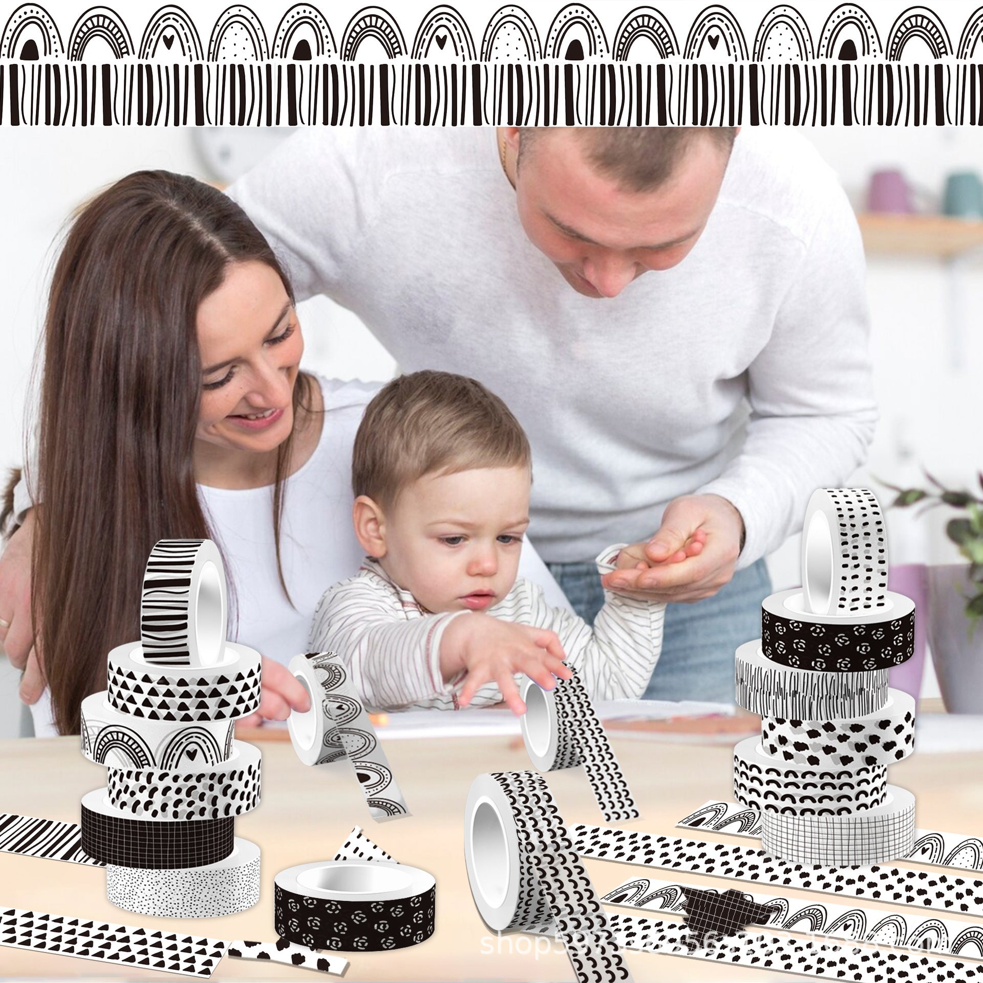 Bohemian Rainbow Washi Tape – Black & White Transparent Roll, 5m - ViktaShop