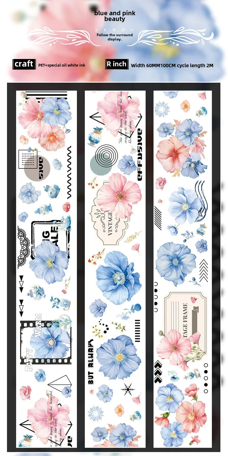 Ancient Character Journal Flow Hemp Tape PET Floral Design, 2m - ViktaShop