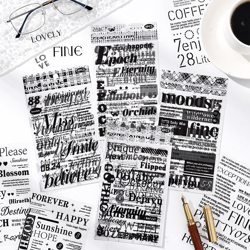 Collage Text Black and White Retro Stickers, 4 Pcs - ViktaShop