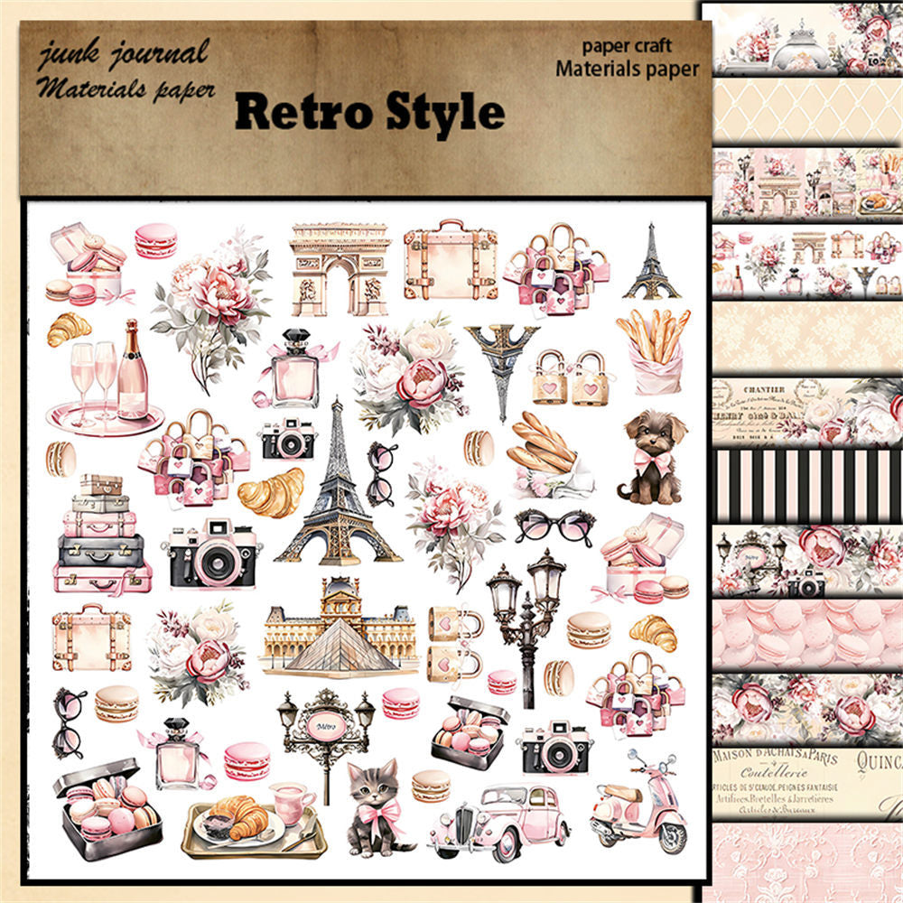 Paris Background Paper - Retro Collage Series, 12 Sheets - ViktaShop