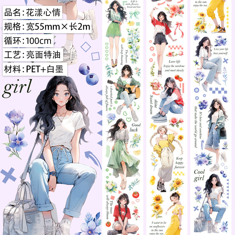 Modern PET Tape – Character Collage, Small Fresh Flowers - 2m - ViktaShop