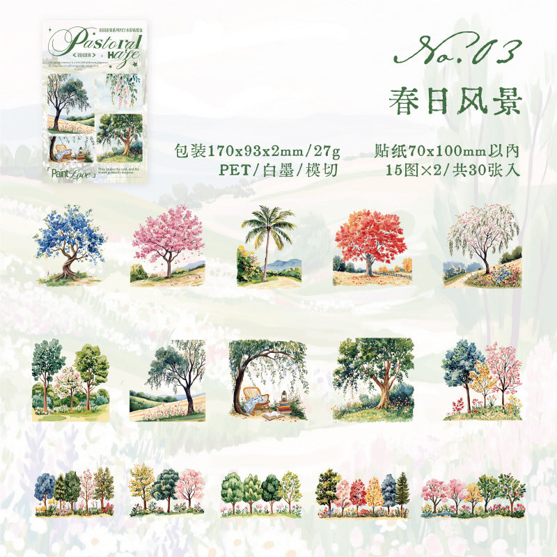 PET Stickers – Pastoral Mist Series, Die-Cut Landscape Pack, 6 Options - ViktaShop