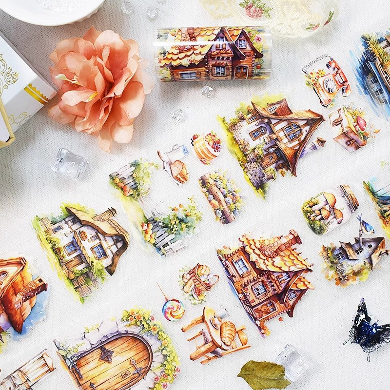 Cartoon Cute House Building Landscape Tape – Sticker Collage, 2m - ViktaShop