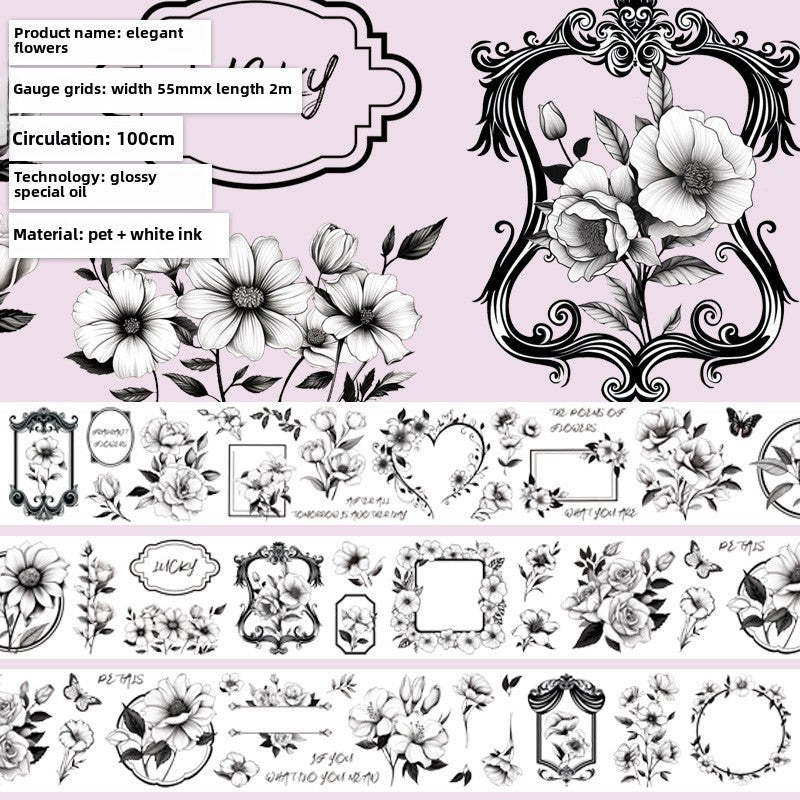 Watercolor Flower PET Tape – Black & White Frame - 2m - ViktaShop