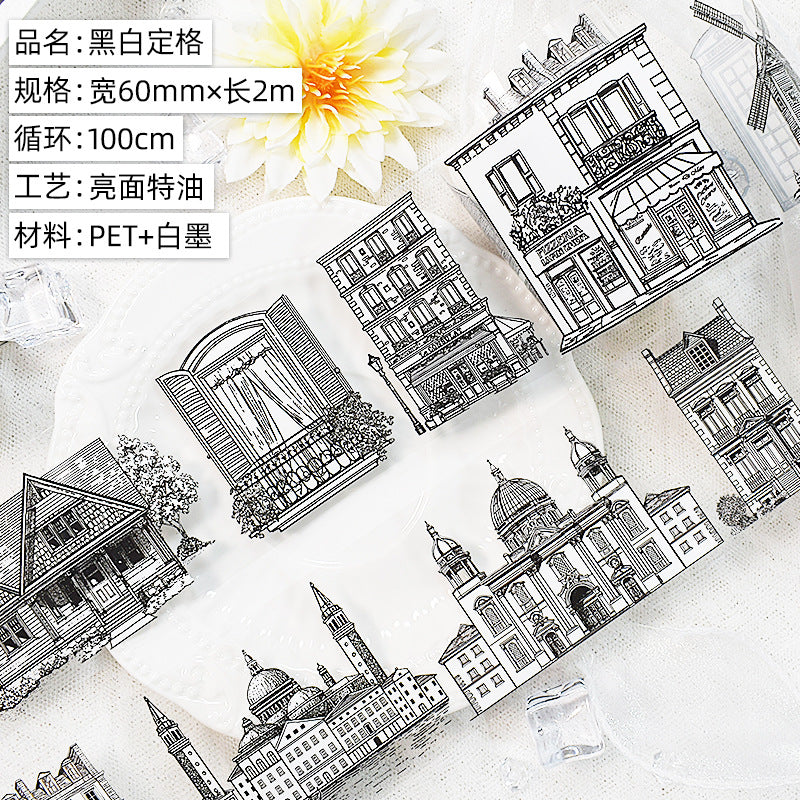 Cartoon Cute House Building Landscape Tape – Sticker Collage, 2m - ViktaShop
