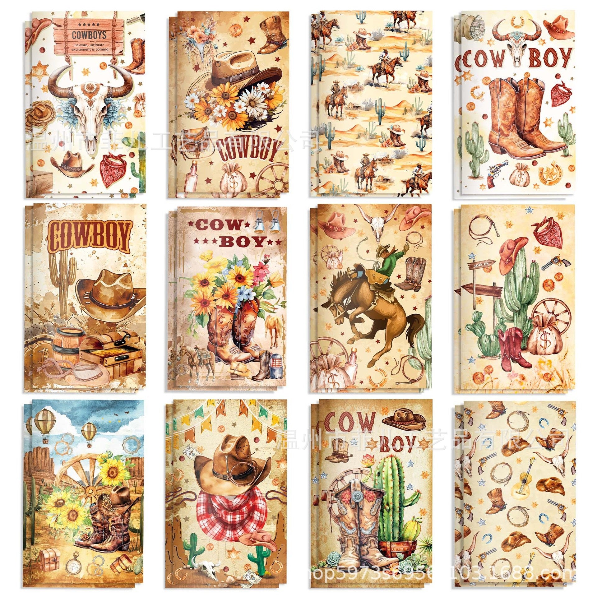 Watercolor Western Cowboy Pocket Notepad - Boots & Car Theme, 12 Pcs - ViktaShop