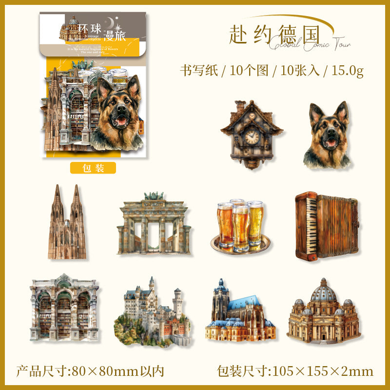 Global Travel Series Travel Theme Hard Card Stickers 10 Pieces in 6 Styles