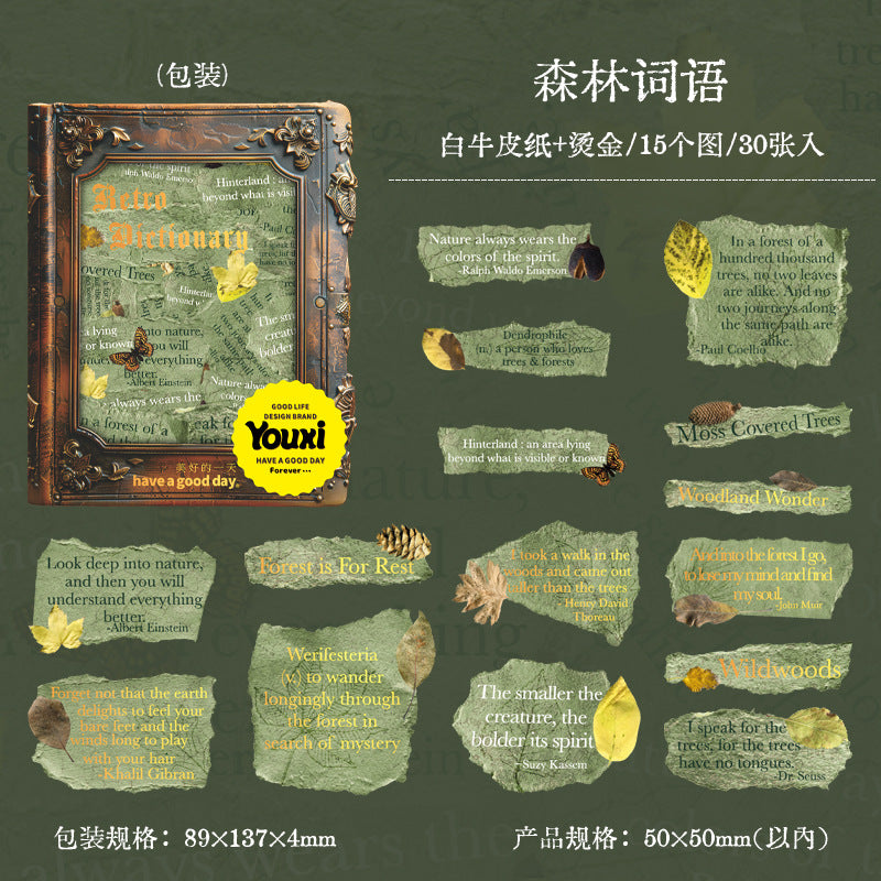Retro Gold Stamping English Sticker Pack, 30 Pcs - ViktaShop